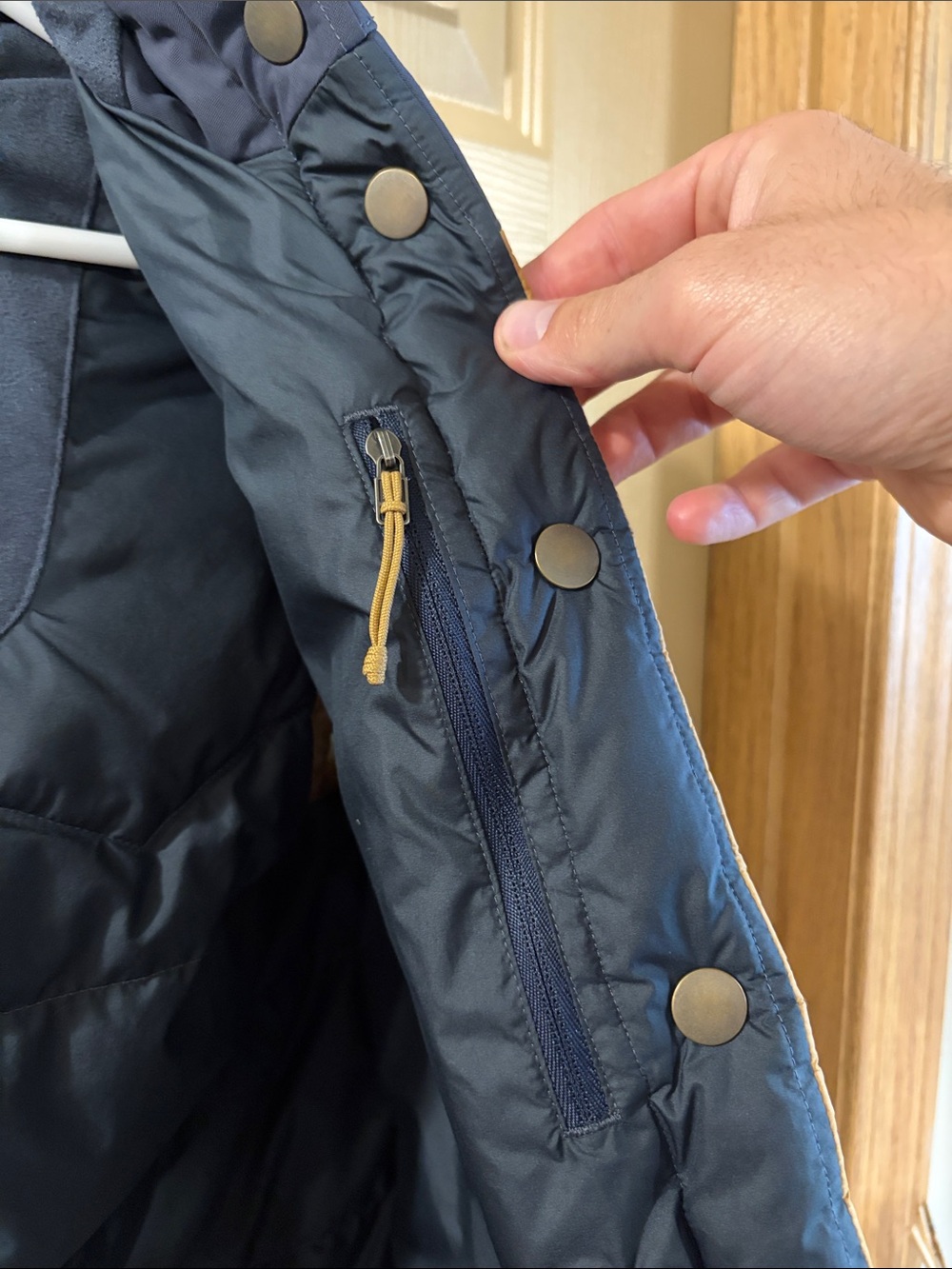 Patagonia Tan and Navy Hooded Puffer Vest - Picture 7 of 10